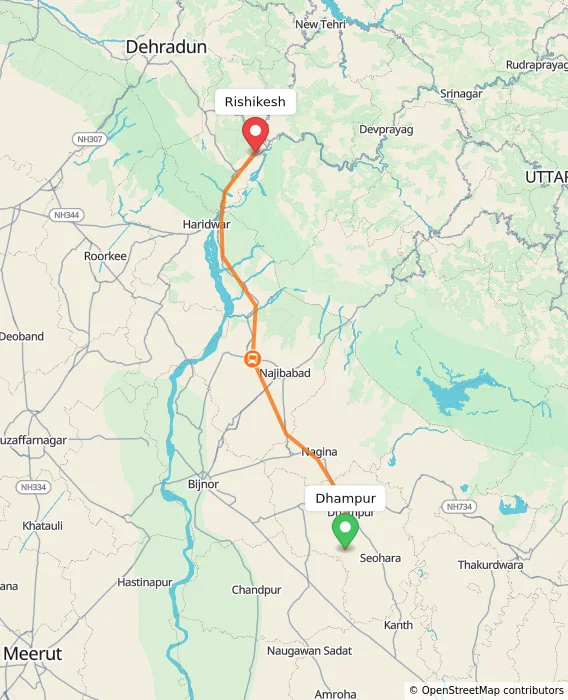 Route map showing distance and travel time from Dhampur, India to Rishikesh, India