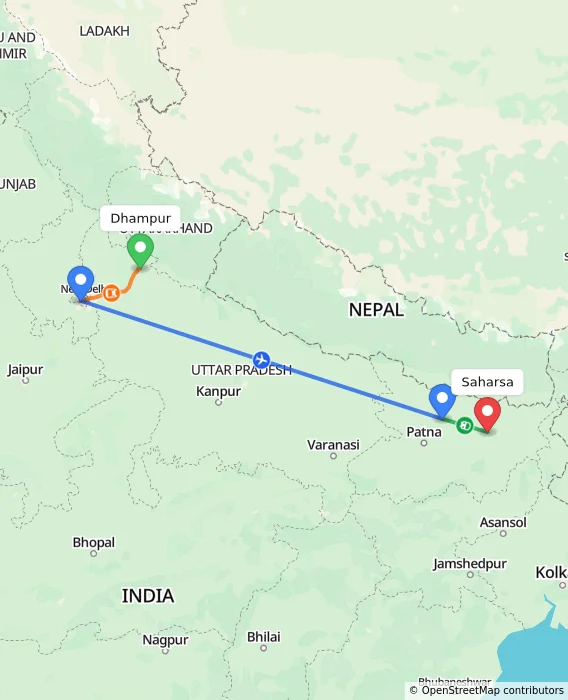 Route map showing distance and travel time from Dhampur, India to Saharsa, India