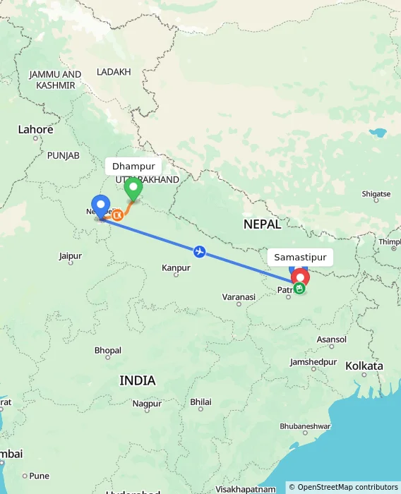Route map showing distance and travel time from Dhampur, India to Samastipur, India