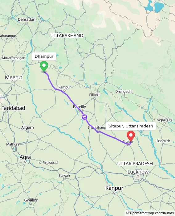Route map showing distance and travel time from Dhampur, India to Sitapur, Uttar Pradesh, India