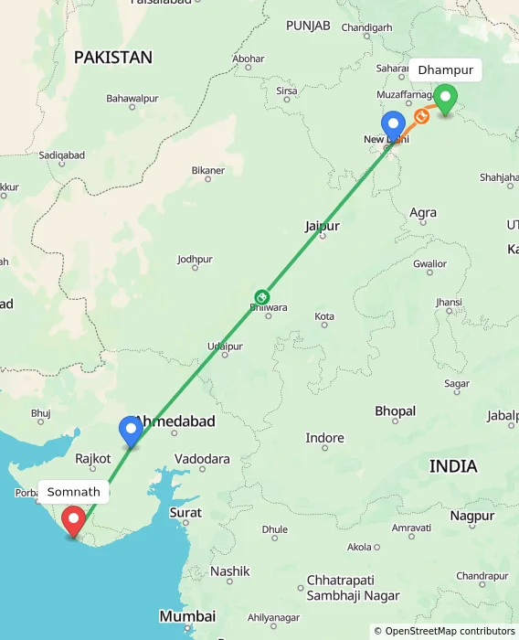 Route map showing distance and travel time from Dhampur, India to Somnath, India