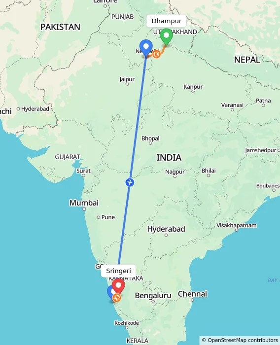 Route map showing distance and travel time from Dhampur, India to Sringeri, India