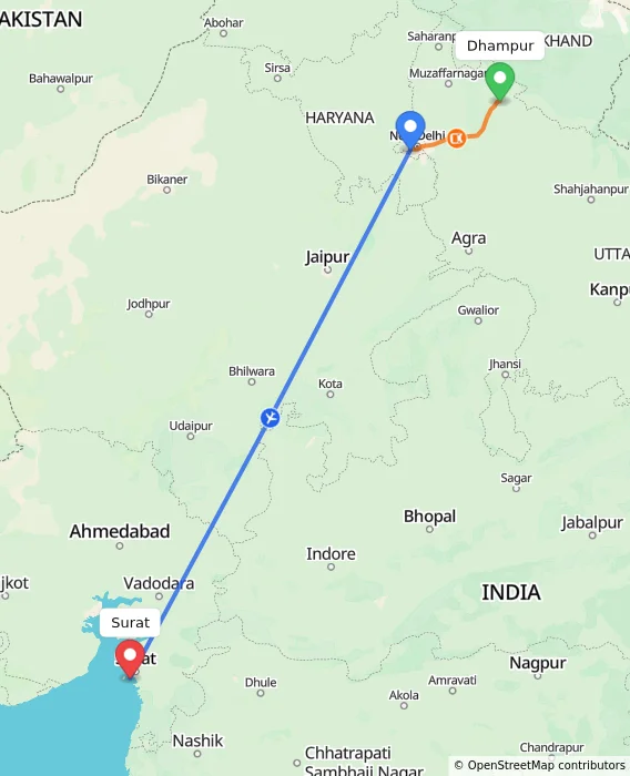 Route map showing distance and travel time from Dhampur, India to Surat, India