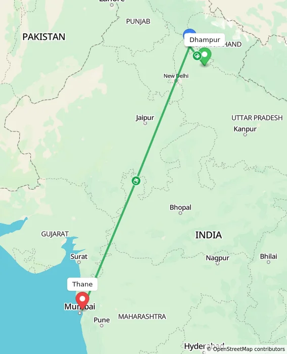 Route map showing distance and travel time from Dhampur, India to Thane, India