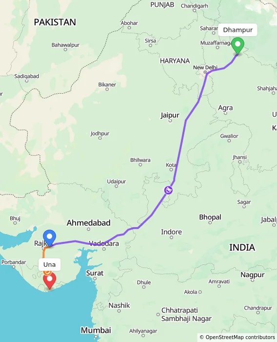 Route map showing distance and travel time from Dhampur, India to Una, India