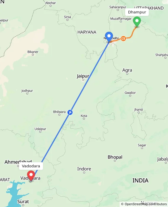 Route map showing distance and travel time from Dhampur, India to Vadodara, India