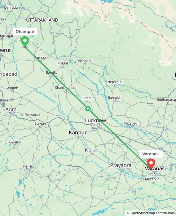 Route map showing distance and travel time from Dhampur, India to Varanasi, India