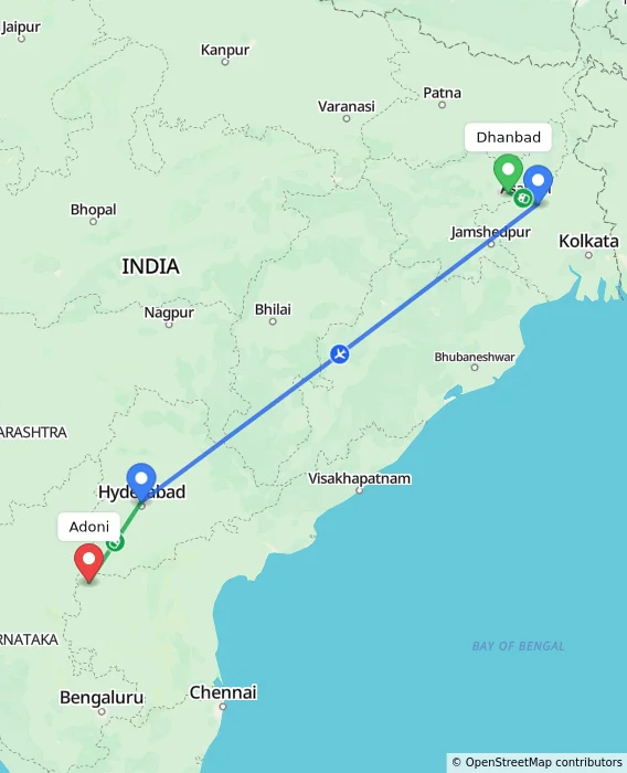 Route map showing distance and travel time from Dhanbad, India to Adoni, India