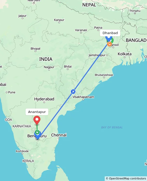 Route map showing distance and travel time from Dhanbad, India to Anantapur, India