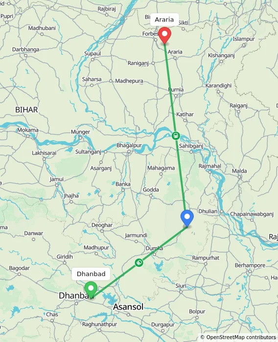 Route map showing distance and travel time from Dhanbad, India to Araria, India