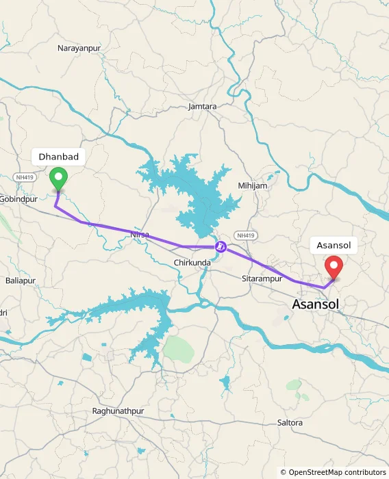 Route map showing distance and travel time from Dhanbad, India to Asansol, India