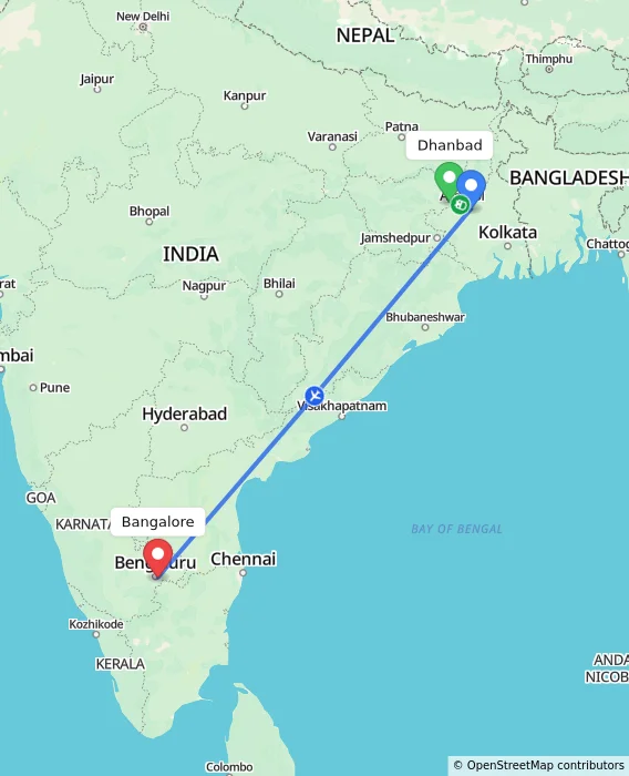 Route map showing distance and travel time from Dhanbad, India to Bangalore, India