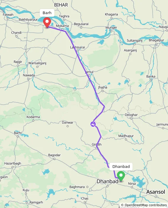 Route map showing distance and travel time from Dhanbad, India to Barh, India