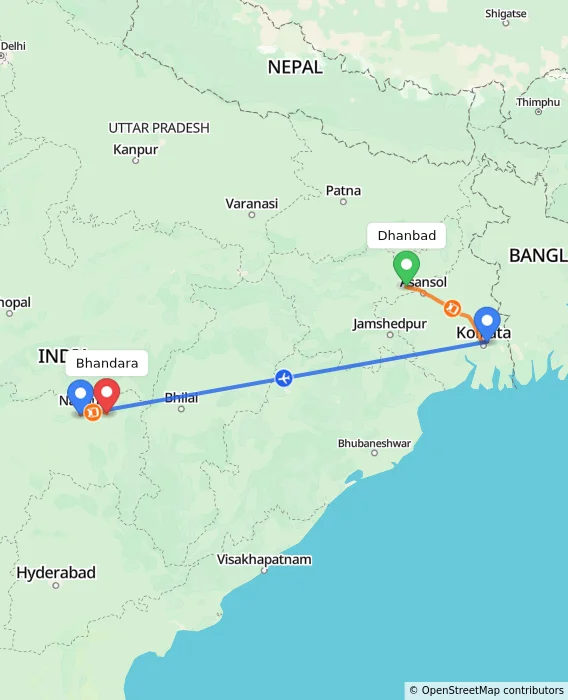 Route map showing distance and travel time from Dhanbad, India to Bhandara, India