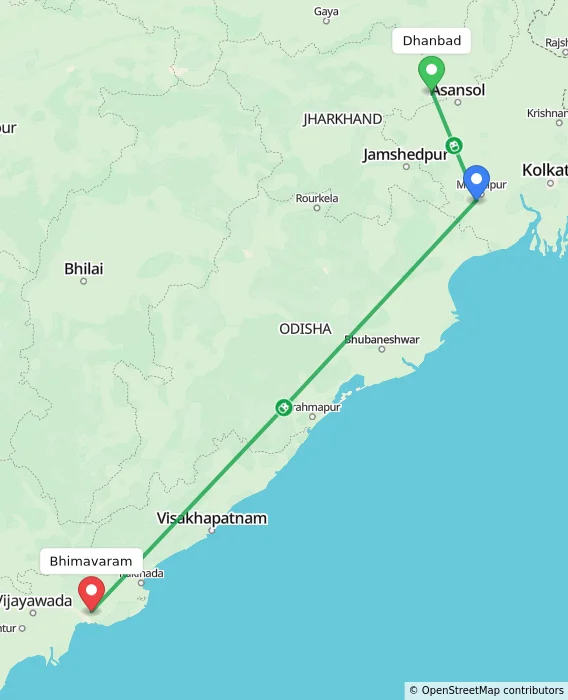 Route map showing distance and travel time from Dhanbad, India to Bhimavaram, India