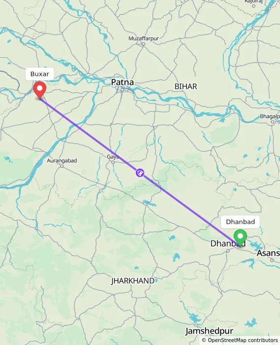 Route map showing distance and travel time from Dhanbad, India to Buxar, India