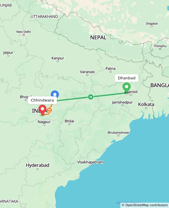 Route map showing distance and travel time from Dhanbad, India to Chhindwara, India