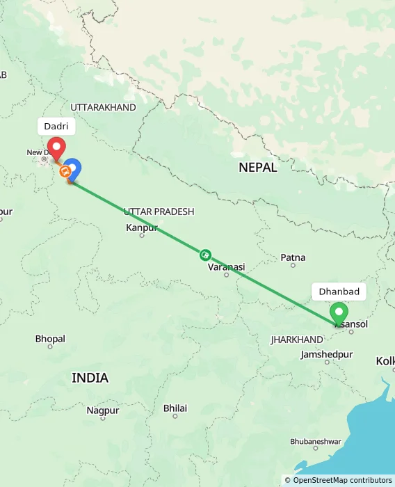 Route map showing distance and travel time from Dhanbad, India to Dadri, India
