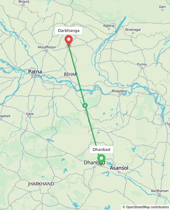 Route map showing distance and travel time from Dhanbad, India to Darbhanga, India