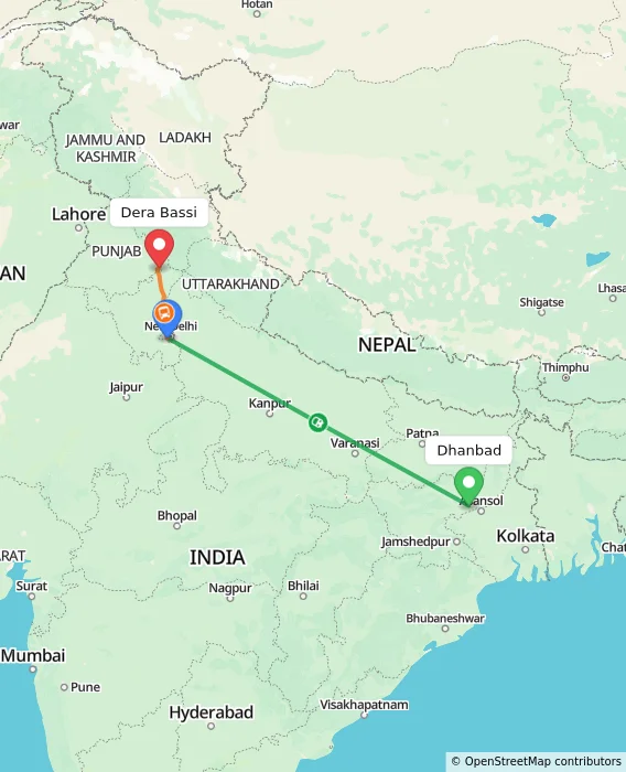Route map showing distance and travel time from Dhanbad, India to Dera Bassi, India