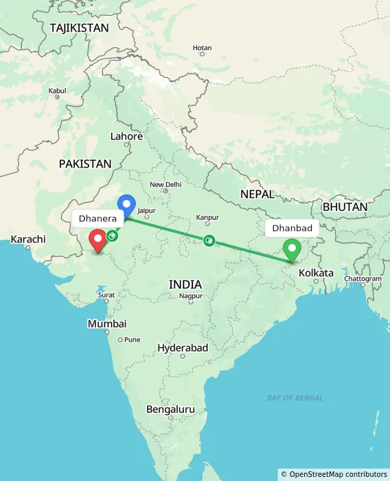 Route map showing distance and travel time from Dhanbad, India to Dhanera, India