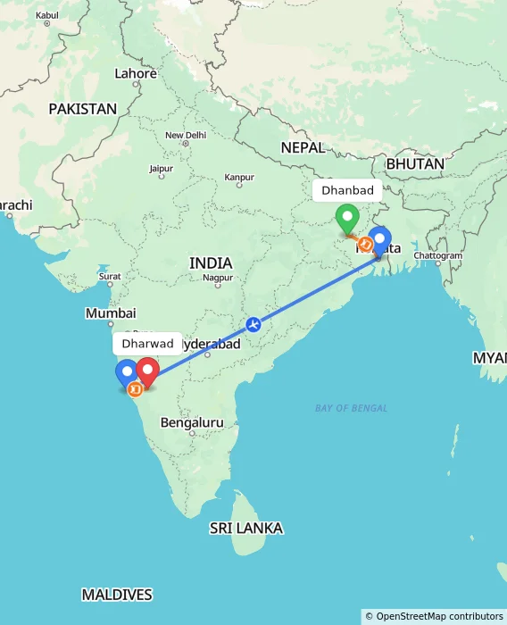 Route map showing distance and travel time from Dhanbad, India to Dharwad, India