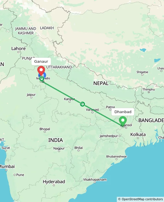 Route map showing distance and travel time from Dhanbad, India to Ganaur, India