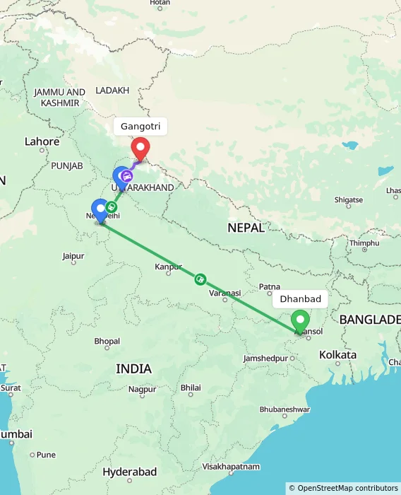 Route map showing distance and travel time from Dhanbad, India to Gangotri, India