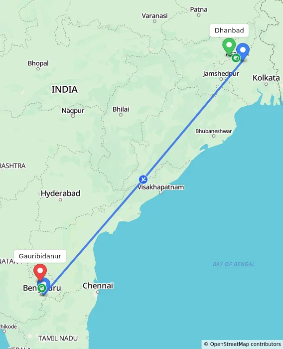 Route map showing distance and travel time from Dhanbad, India to Gauribidanur, India