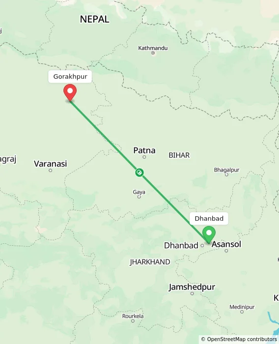 Route map showing distance and travel time from Dhanbad, India to Gorakhpur, India