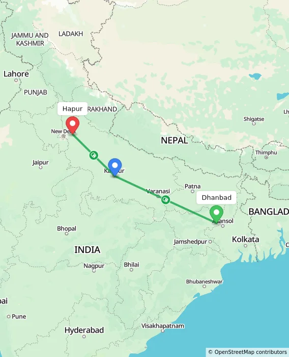 Route map showing distance and travel time from Dhanbad, India to Hapur, India