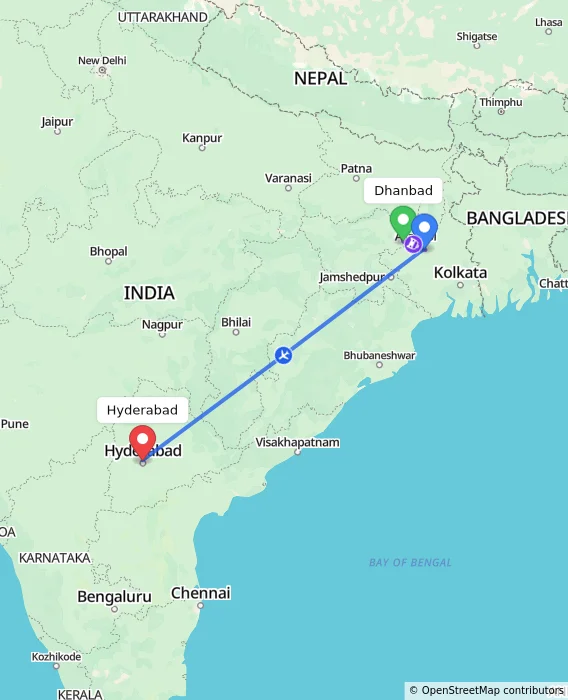 Route map showing distance and travel time from Dhanbad, India to Hyderabad, India