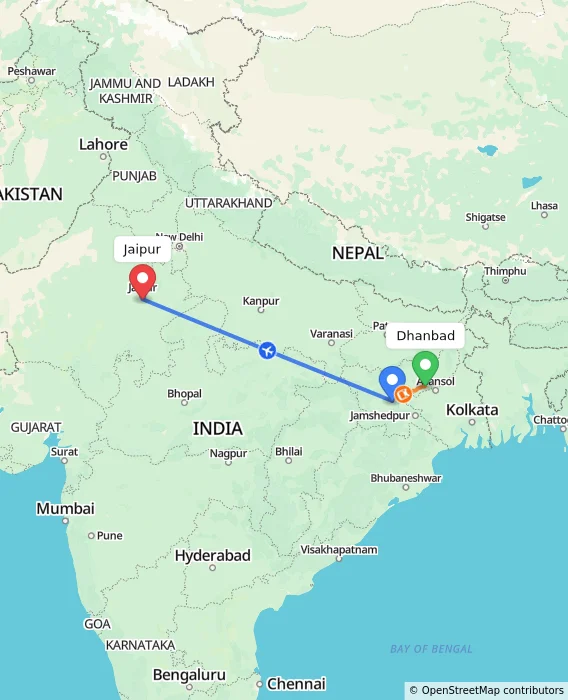 Route map showing distance and travel time from Dhanbad, India to Jaipur, India