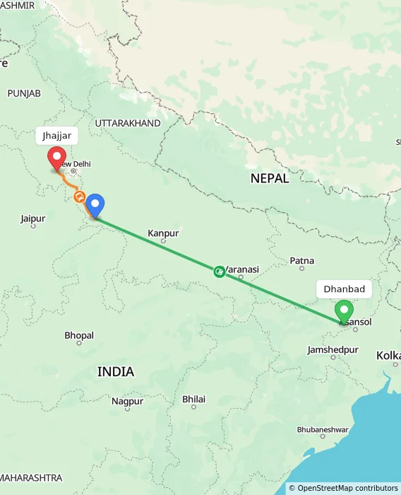 Route map showing distance and travel time from Dhanbad, India to Jhajjar, India
