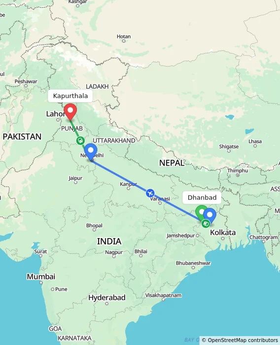 Route map showing distance and travel time from Dhanbad, India to Kapurthala, India