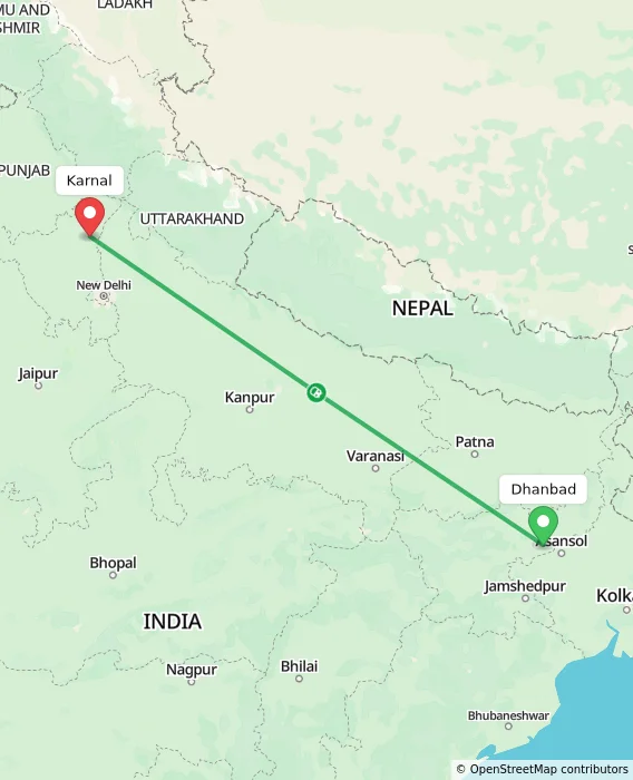 Route map showing distance and travel time from Dhanbad, India to Karnal, India