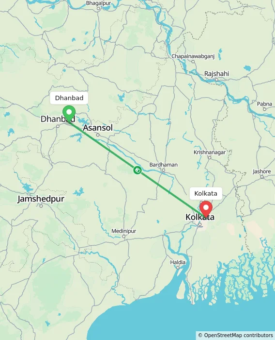 Route map showing distance and travel time from Dhanbad, India to Kolkata, India