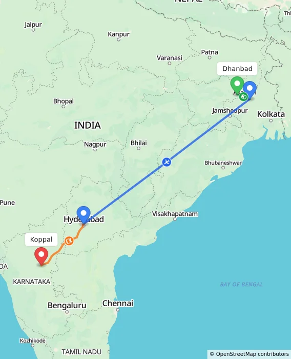Route map showing distance and travel time from Dhanbad, India to Koppal, India