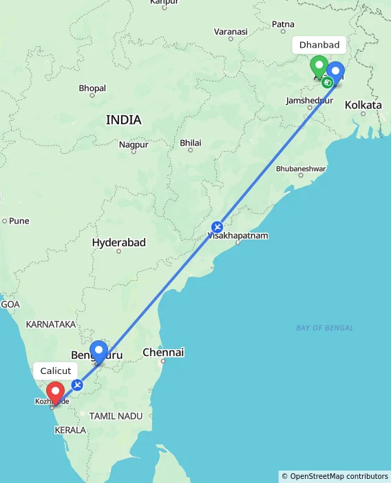 Route map showing distance and travel time from Dhanbad, India to Kozhikode, India
