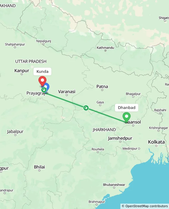 Route map showing distance and travel time from Dhanbad, India to Kunda, India