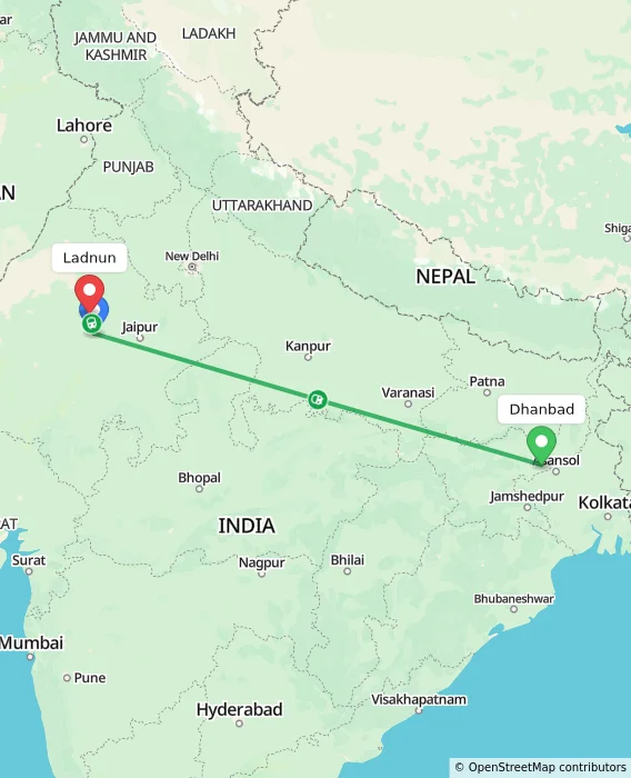 Route map showing distance and travel time from Dhanbad, India to Ladnun, India