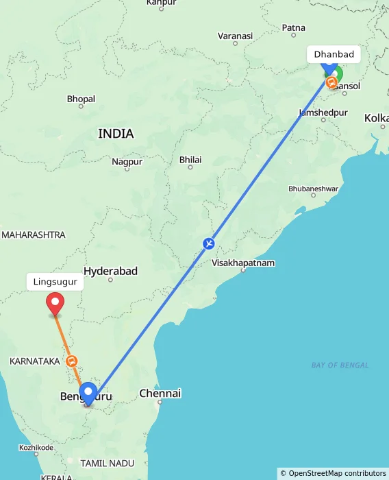Route map showing distance and travel time from Dhanbad, India to Lingsugur, India