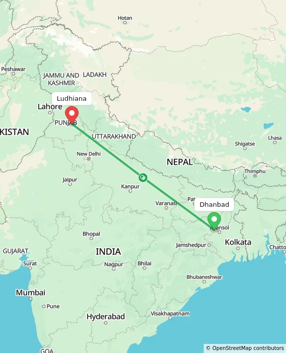 Route map showing distance and travel time from Dhanbad, India to Ludhiana, India
