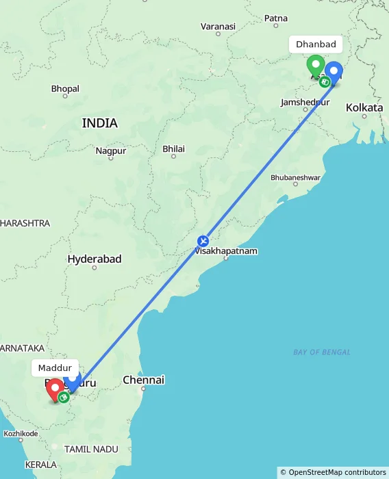 Route map showing distance and travel time from Dhanbad, India to Maddur, India