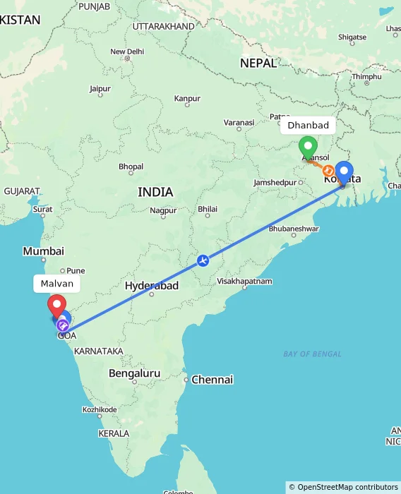 Route map showing distance and travel time from Dhanbad, India to Malvan, India