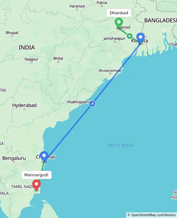 Route map showing distance and travel time from Dhanbad, India to Mannargudi, India