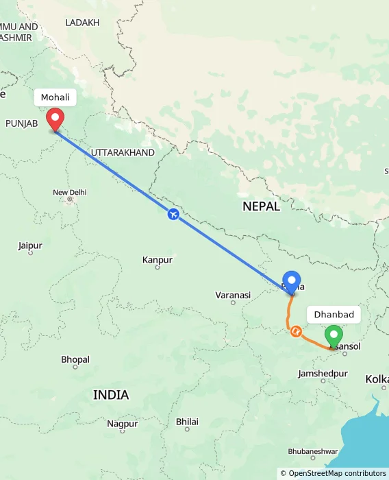 Route map showing distance and travel time from Dhanbad, India to Mohali, India