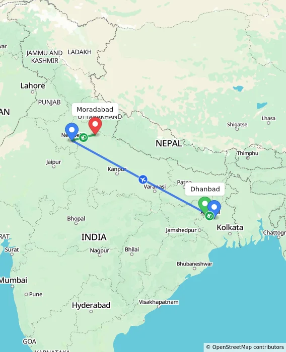 Route map showing distance and travel time from Dhanbad, India to Moradabad, India