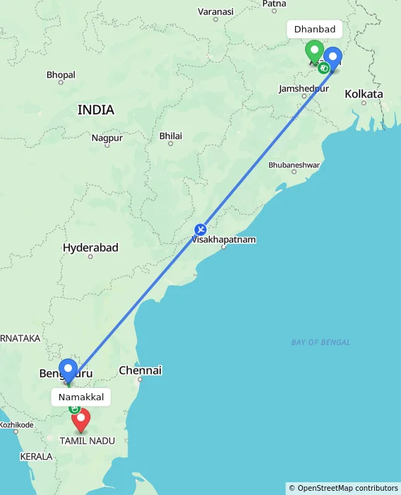 Route map showing distance and travel time from Dhanbad, India to Namakkal, India