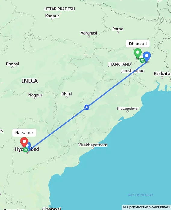 Route map showing distance and travel time from Dhanbad, India to Narsapur, India